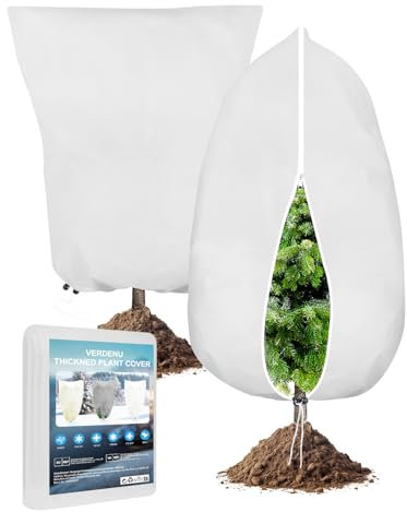 Verdenu 2 Stück Winterschutz für Pflanzen, 100X80cm Winterschutz für Kübelpflanzen, 80g/m² Frostschutz Pflanzenschutz Winter mit Reißverschluss und Kordelzug, Topfpflanztasche für Schneesturm (Weiß)