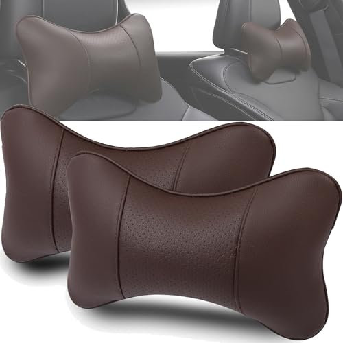 YUEMING 2 Pieza Reposacabezas Coche Cojin, Cuero Almohada para Cuello para Asiento del Coche para el apoyo del cuello del reposacabezas para el asiento del coche de Viaje Almohada (Café)