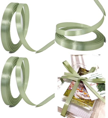 HSYTEK 3 Stück Satinband Grün, 1cm Geschenkband Salbei, Breit Schleifenband Grün, Seidenbänder für Geschenkverpackung, Hochzeit, Weihnachten, Geschenk, Dekoration