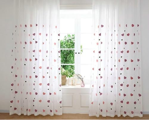 Rideau Voilage Rose, Rideau Cuisine Fenetre avec Motif Coeur Rideau Salon Adulte Gaze Lot de 2 132x160cm
