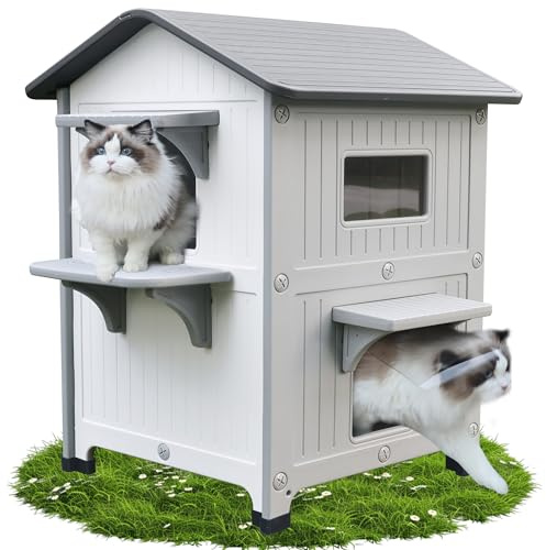 Niche Chat extérieur 2 étages avec Balcon, Porte d'évacuation | Double paroi isolée pour toute saison, toit amovible facile à nettoyer, matière HDPE étanche empilable pour plusieurs chats