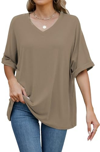 Famulily Solid Color V Neck T Shirts for Women Ladies Oversized Half Sleeve T Shirt Loose Tunic Tops (XXL, Khaki)