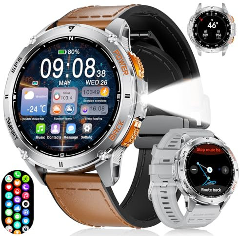 GPS Smartwatch Herren mit LED Taschenlampe,1.43‘’Amoled Display,Fitnessuhr mit 530 mAh Große Batterie,Herzfrequenz/Schrittzähler/Kompass/Höhenmesser,5ATM Wasserdicht,170+ Sport Modi für iOS/Android