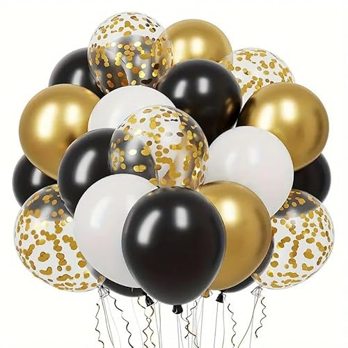 Goldfarbene und schwarze Luftballons, 60 Stück, goldfarben, weiß und schwarz, Konfetti-Ballons für Geburtstag, Hochzeit, Abschlussfeier, Neujahr, Jahrestag, Party-Dekorationen