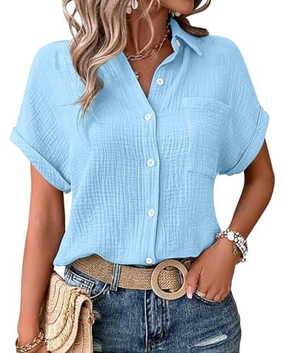 Bluse Damen, Musselin Bluse Damen Shirts Bluse Elegant Tunics Sommer Tshirt Kurzarm Leinen Knopf Bluse Lange Oversized T-Shirt Casual für Leggings, himmelblau XL
