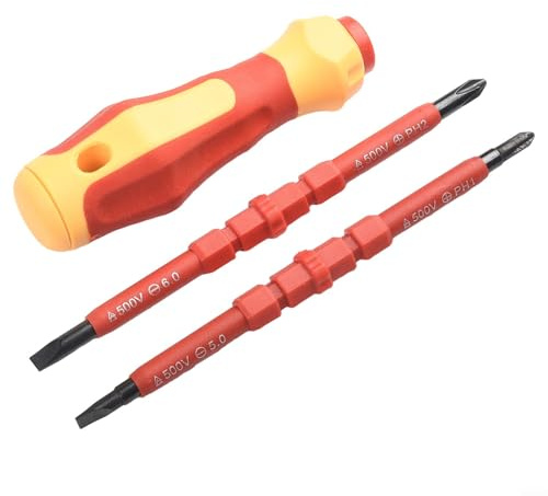 ZWEquipint Elektriker-Schraubendreher-Set, isolierter Griff, Schraubendreher mit magnetisch, Chrom-Vanadium-Stahlklingen, 2 flache und 2 Kreuzschlitze, für Reparaturarbeiten, 3-teilig