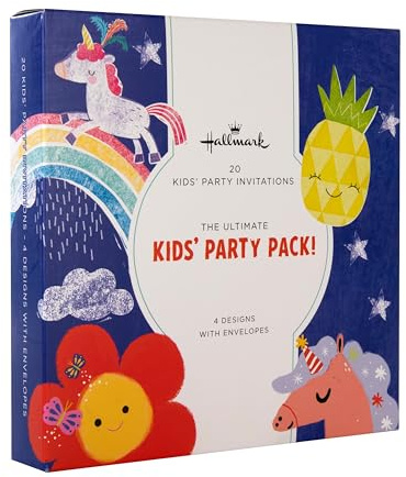 Hallmark Kids Party Invitations, 20-Pack, 4 Designs | Unicorns, Pineapple, Flowers, Cute, Girly Designs, Size 16cm x 16cm, White Envelopes, Space Inside to Add Date, Time & Place