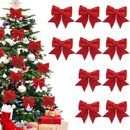 FePen Schleifen Weihnachtsbaum, 10 Stück Glitzer Weihnachtsschleifen, Weihnachtsbaum Deko (Rot)
