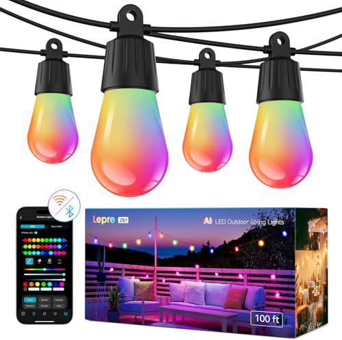 Lepro ZB1 AI Festoon Lights Outdoor 30m, RGB+IC Warm White, IP65 Waterproof | 100ft Smart Outdoor String Lights, Music Sync, Voice Control, Works with Alexa, Suit for Halloween, Christmas, Garden, 2.4G