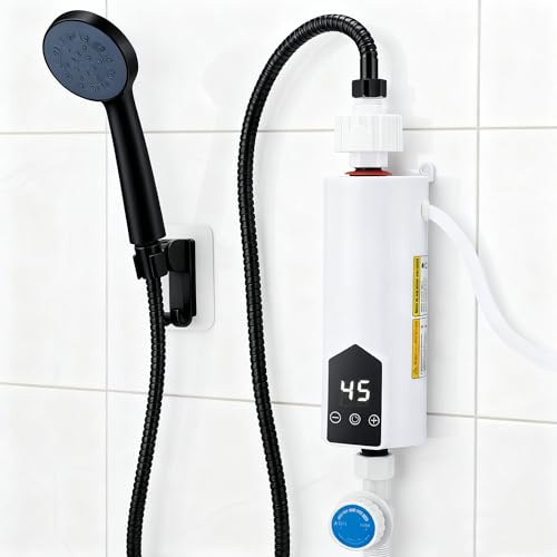 Calentador de agua sin depósito de 5500 W con juego de ducha, calentador de agua instantáneo de 220 V con pantalla digital LCD y botones táctiles, adecuado para ducha, baño/cocina/lavabo (F)