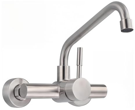Grifo Cocina de Pared, Grifo Pared Cocina Giratorio 360°,Cartucho Cerámico | Monomando De Acero Inoxidable 304, Agua Fría y Caliente, Aireador Extraíble, Instalación Sencilla
