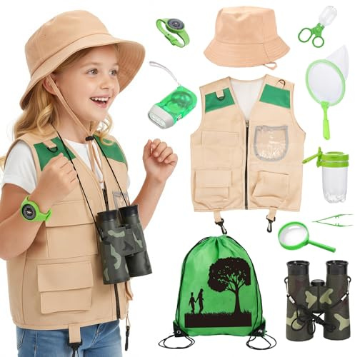 Xerteam Explorer Costume Kids, 11Pcs Safari Costume Paleontologist Costume with Explorer Hat, Vest, Binoculars, Butterfly Net, Outdoor Children's Camping Equipment for 3-10 Year Old Boys, Toy Gift