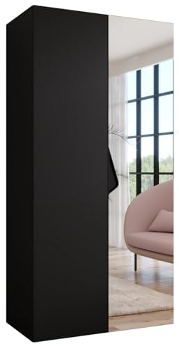 MEBLE KRYSPOL - Kleiderschrank - Garderobenschrank - 100 cm x 202 x 52 cm - Schrank mit Kleiderstange und Spiegel, 2 Türen - für Schlafzimmer, Flur - SANDI, Schwarz, Griff Schwarz