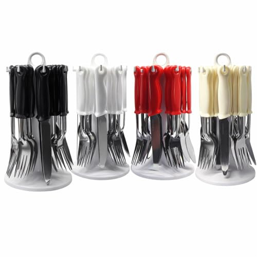 NEW 24PC Cutlery Dinner Set Stainless Steel Metal Stand Rack Forks Tea Spoons (Cream)