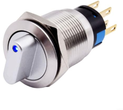 Interruptor de botón giratorio momentáneo de 19 mm, 3 posiciones, 2no2nc, 3-6 V, con luz LED amarilla para panel de control industrial, acero inoxidable, IP66, impermeable, acabado plateado (azul)