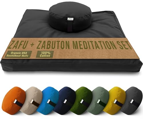 Zafu und Zabuton Meditationskissen Set, 100% Baumwolle oder Hanf, Bio Buchweizen Füllen – 2 Größen, 19 Farben – Made in USA, von Bean Produkte, schwarz