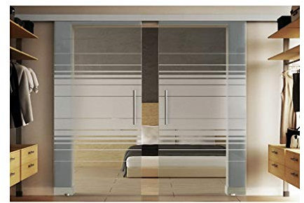 Glastür zum schieben mit 2 Scheiben in jeweils 90x205 cm in ESG-Milchglas mit Lamellen-Dessin (L) Levidor-System komplett. Laufschiene und Muschelgriffen, Schiebetür aus Glas für Innenbereich