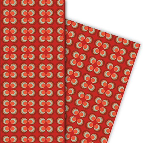 Kartenkaufrausch Edles 70er Jahre Geschenkpapier Set mit Retro Kreis Muster für liebe Geschenkverpackung, DIY Projekte, Basteln, 4 Bogen, 32 x 48cm, in rot