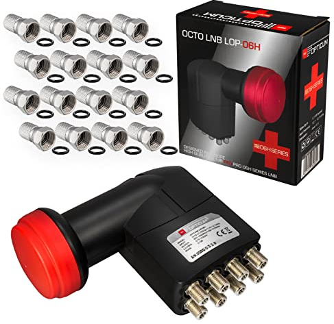 HB-DIGITAL Opticum Red Octo LNB LNC Pro LOP-06H 8 Teilnehmer Direkt *** FULL HD TV 3D 4K Schwarz Black Red Rocket + Wetterschutz (ausziehbar) *** 16x F-Stecker vernickelt im SET mit dabei