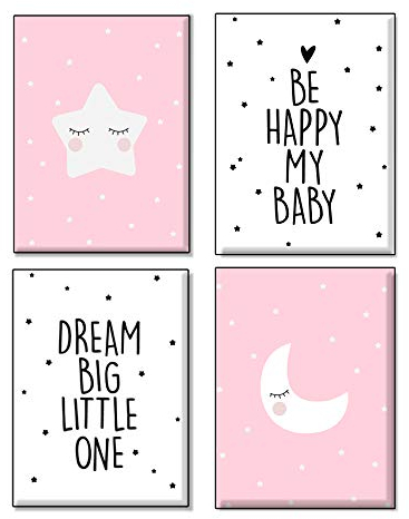 4Good Bilder Kinderzimmer Modern Nordic Moon Stars Sun Sonne mond Sterne Bilder Set Jungen mädchen babyzimmer (Mond Pink A4)