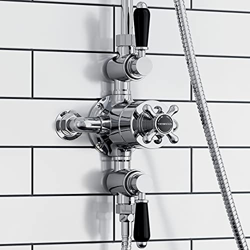 ENKI, Downton, T67, Double Shower Unit Outlet, Triple Thermostatic Shower Valve, Black & Chrome Shower Tap Attachment for Bathroom Shower, Classic Shower Valve Style