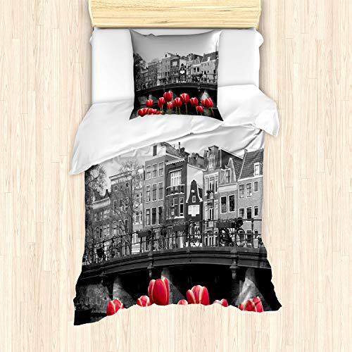 ABAKUHAUS Amsterdam Bettbezug Set für Einzelbetten, Amsterdam-Kanal, Milbensicher Allergiker geeignet mit Kissenbezug, Schwarz Weiß und Rot