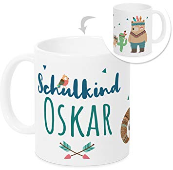 GRAZDesign Tasse Einschulung Junge - Indianerbär Schulkind - personalisiert Name, Geschenk für Schulanfänger Keramiktasse Keramik weiß 330ml