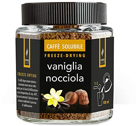 King Cup - 1 Pot de 50gr de Café Soluble avec Vanille et Noisette, Café Instantané Aromatisé avec Extra Solubilité, Idéal pour les Petits Déjeuners, Brunch, Iced Coffee, Sans Gluten, Végétalien