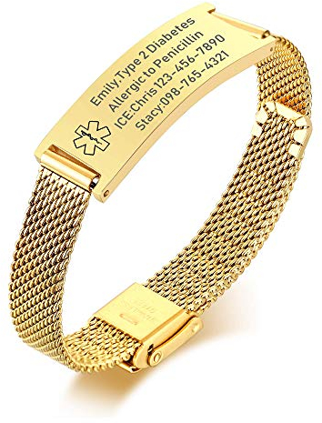 VNOX Personalized Medical ID Bracelet, Free Custom Medical Alert Bracelets for Men Women, Stainless Steel Gold Plated Mesh Band Adjustable Emergency Identification Wristband
