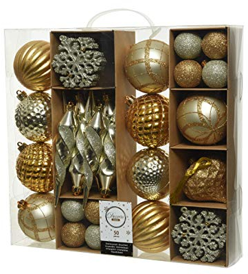 Decoris 50er Set bruchfeste Weihnachtskugeln in Gold/Champagner/Silber aus Kunststoff für innen und außen