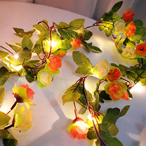 Riaxuebiy Künstliche Rose Blumen Lichterketten LED Blumen Reben Girlande Fee Lampe Kranz Batterie Powered Angetrieben für Weihnachten Hochzeitsfeier Dekoration (Sonnenuntergang rot)