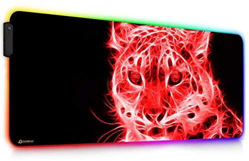 DORRISO RGB Tappetino per Mouse Gaming 12 Effetti Luce 900x400mm XXL Grande LED Mouse Pad Superficie Liscio Base Gomma Antiscivolo Tappetino per Computer PC e Laptop Tappetino per Mouse Tigre Rossa A