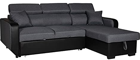 Happy Garden umwandelbares Ecksofa Warren 3-Sitzer aus Stoff und Kunstleder in grau meliert und schwarz. Sofa mit wendbarem Meridian, Verstellbarer Kopfstütze und Aufbewahrungsbox.