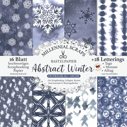 BASTELPAPIER ABSTRACT WINTER Dunkelblau / Asche – für Scrapbooking, Collagen, Karten, Junk Journals & Reisetagebücher –: Decoupage DIY Papier & Zubehör zum Basteln I Mit Letterings zum Ausschneiden