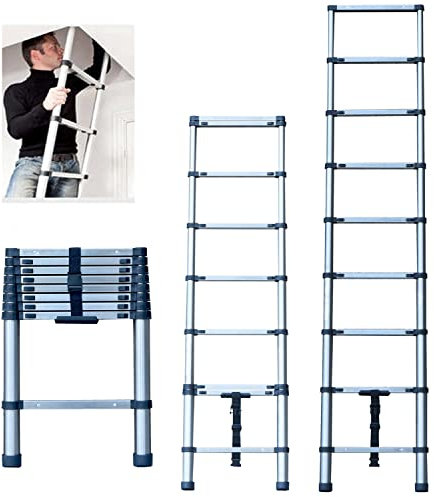 2.6M Échelle Pliante en Acier Inoxydable 8.4FT Telescoping Ladders Multifonction Ladder Attic Ladder Argent - 150kg Charge Maximale