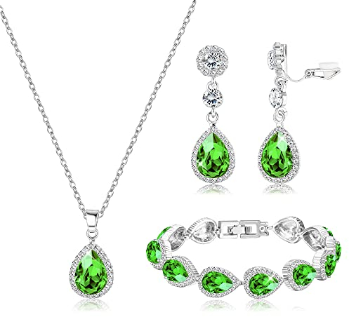 Milacolato Parure Gioielli Sposa Donna Collana di Cristallo Bracciale Clip su Orecchini Set Rosso Blu Strass Ciondolo Goccia Dangle Clip su Orecchini Ballo Festa Damigella d'Onore Set Verde