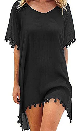 FFWTPY Mujer Suelto Vestido de Playa V Cuello Gasa Camisolas y Pareos con Borla Ropa de Baño de Playa Transparente Bikini Cover Up (Negro)