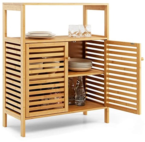 GIANTEX Badschrank Badezimmerschrank Bambus, Badkommode Kommode Sideboard 2 Lamellentüren, Aufbewahrungsschrank Küchenschrank mit offenem Regal, für Flur Wohnzimmer Küche 64 x 27,5 x 80 cm