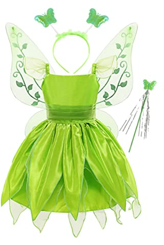 inhzoy Enfant Fille Déguisement Costume Fée Clochette Robe de Fée Verte Elfe Tutu Robe + Ailes d'ange + Magique Baguette + Bandeau 3-10 Ans Vert 3-4 Ans
