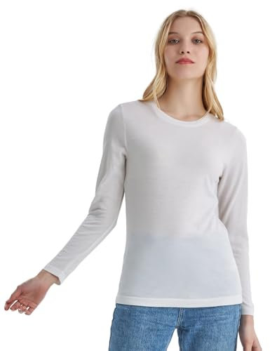 Merino Protect 100% Merino Shirt Damen Geruchsbekämpfung Weich Langarmshirt Temperaturregulierendes Atmungsaktiv Funktionsunterwäsche Für Wandern Ski(Natürliche Creme,Mittel)