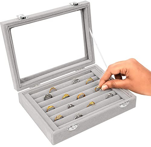 Jewelry Ring Organizer,Samt Ring Boxen Aufbewahrung,Ringkasten Schmuckkasten Schaukasten mit Glas Deckel,Ohrring Aufbewahrungsbox mit 8 Gittern für Ringe,Ohrringe, Broschen,20 * 15 * 5cm,Grau
