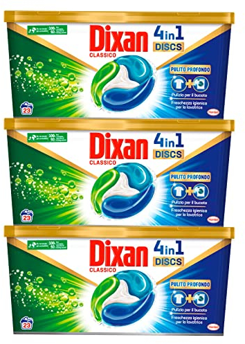 Dixan Discs Klassisches Waschmittel für Waschmaschine Aktion 4-in-1 Tiefenreinigung, duftend und frisch, entfernt hartnäckige Flecken, 3 Packungen mit je 23 Kapseln