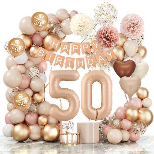 50 Jahre Geburtstagsdeko Ballon, Boho Luftballon Beige Happy Birthday Girlande Ballons Beige Vintage Rosa Weiß Konfetti Luftballons Pompon Geburtstag Dekoration für Boho Geburtstag Frauen Mädchen
