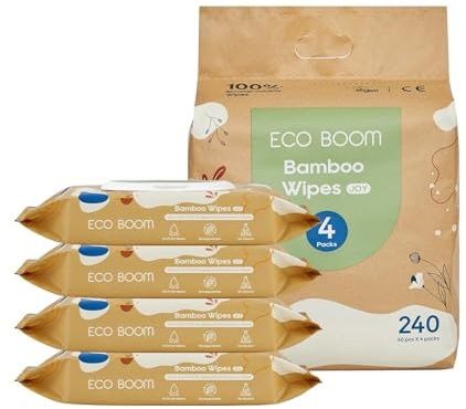 ECO BOOM Bamboo Viscose Wipes | Non-Toxic & Biodegradable Baby Wipes | Unscented, Hypoallergenic, Vegan for Sensitive Skin, 240 Count