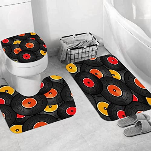 Badteppich 3 Stück Weiche saugfähige Badematten,Rock Vinyl Audio Discs Design Lp Verschiedenes Technologie Musik Dj Roll Set Fun,Rutschfeste Badematte Teppiche & Toilettendeckelabdeckung Set Waschbar