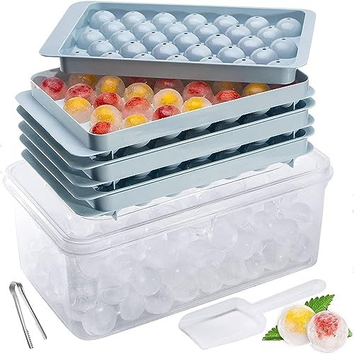 TAYLOR & BROWN Mini Ice Cube Tray Balls, 99pcs Round Ice Ball Maker Mould for Freezer, Sphere Circle Ice Chilling Cocktail Whiskey Tea Coffee 3 Trays, Ice Container, Scoop and Tong (Blue)