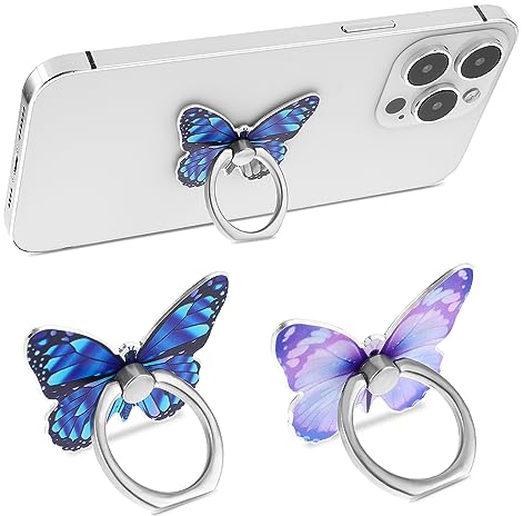 WLLHYF Lot de 2 anneaux de support de téléphone portable en alliage de zinc avec rotation à 360 ° - Motif papillon - Béquille universelle - Compatible avec tous les smartphones