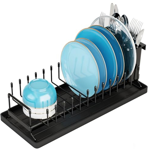Escurreplatos Compacto, Escurreplatos Pequeño de Acero Inoxidable con Tapete de Silicona para Secar Platos, Escurridor de platos para cocina, Escurre platos ahorrador de espacio Portacubiertos, Negro