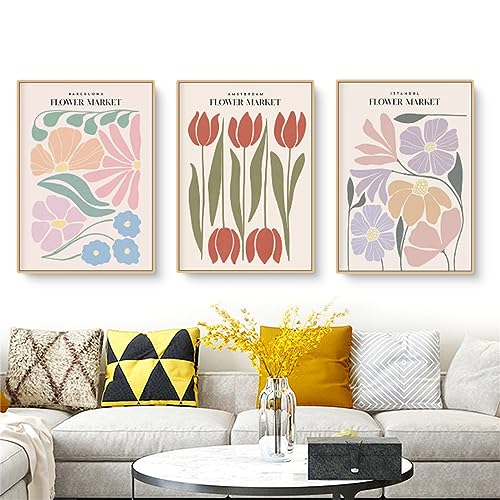 3er FLOWER MARKET Poster 50×70 Stilvolles Blumen Bilder Set Kunstdrucke Bilder Moderne Vintage Bilder Wanddeko Ohne Rahmen Premium Poster Set Für Wohnzimmer Schlafzimmer Esszimmer (50*70cm)
