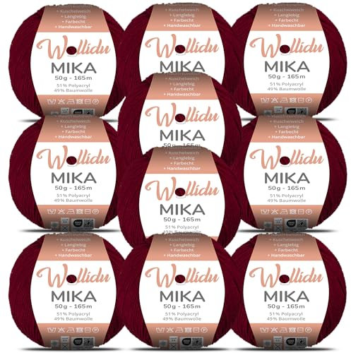 Wollidu Mika 51% Polyacryl 49% Baumwolle zum Häkeln und Stricken 10x 50g/165m Oeko-Tex Strickgarn Häkelgarn - Burgunder